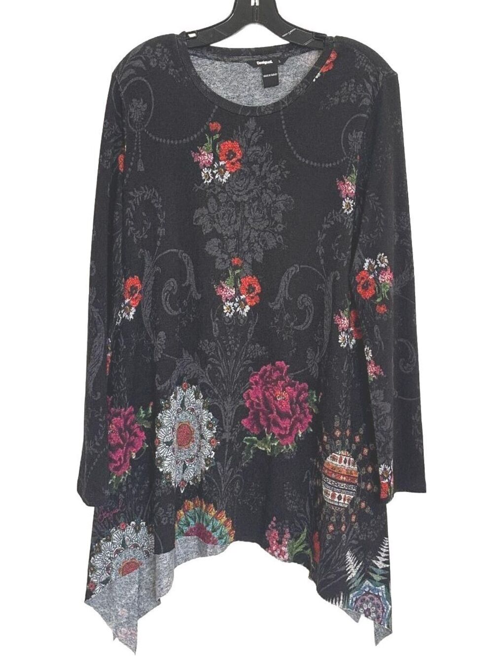 Desigual Women’s Black Floral Boho Asymmetric Hem Long Sleeve Tunic - L